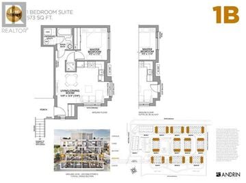 Newmarket (Glenway Estates) townhouse for rent - A real estate advertisement showing a 1 bedroom suite and a floor plan of a building with multiple units.