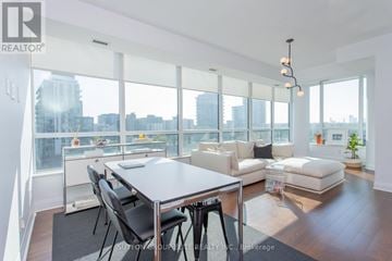 Mississauga (Port Credit) condo for rent - A modern living room with a dining table and chairs.