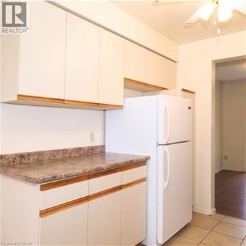 Waterloo condo for rent - A white refrigerator in a kitchen with white cabinets.