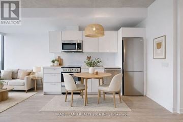 Toronto (Moss Park) condo for rent - A modern kitchen with a dining table and chairs.