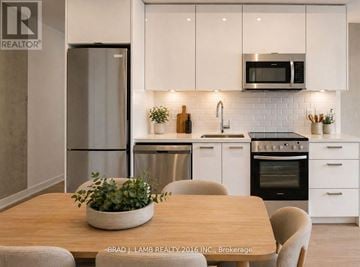 Toronto (Moss Park) condo for rent - A modern kitchen with white cabinets and stainless steel appliances.