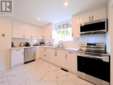 Toronto (O'connor-Parkview) apartment for rent - A kitchen with white cabinets and appliances.