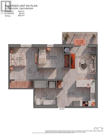 Bluewater (Zurich) multi-family for rent - A floor plan of an Enlarged Unit 6A Plan with a living room, kitchen, and two bathrooms.