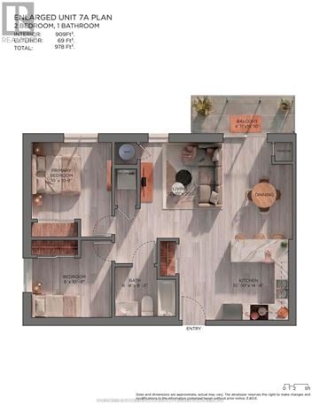 Bluewater (Zurich) multi-family for rent - A floor plan of an enlarged unit 7a plan with a primary bedroom, bathroom, and kitchen.