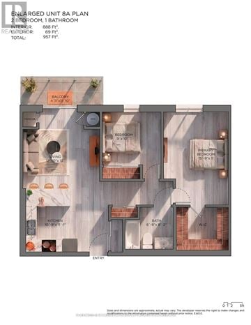 Bluewater (Zurich) multi-family for rent - A floor plan of a 2 bedroom, 1 bathroom apartment with a total area of 957 square feet.