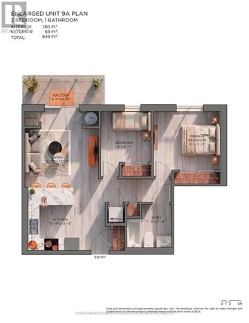 Bluewater (Zurich) multi-family for rent - A floor plan of an enlarged unit 9a plan showing a 2 bedroom, 1 bathroom layout.