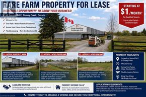 Stoney Creek apartment for rent - A flyer advertises a rare farm property for lease, highlighting its features and benefits.
