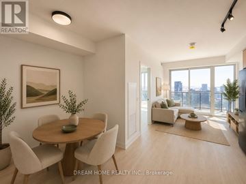 Toronto (Regent Park) condo for rent - A well-lit, spacious living room with a dining table and chairs.