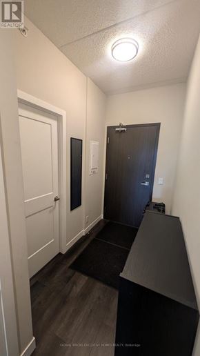 Hamilton (Central) condo for rent - A bedroom with a black bed and a white door.