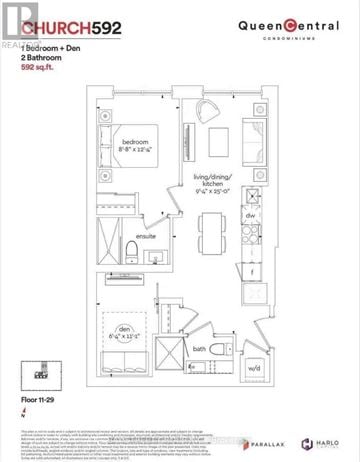 Toronto (Church-Yonge Corridor) condo for rent - A floor plan for a condo unit at Church 592 by Queen Central Condominiums.