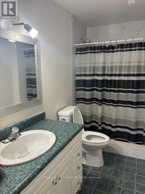 Mississauga (Erindale) apartment for rent - A bathroom with a sink, toilet and shower curtain.