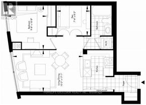 Toronto (Woburn) condo for rent - A black and white floor plan of a home with a living room, dining room, kitchen, and two bedrooms.