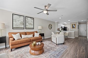 Charlotte apartment for rent - A living room with a brown couch and a ceiling fan.