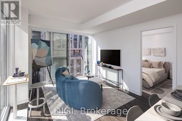 Toronto (Church-Yonge Corridor) condo for rent - A modern living room with a blue chair and a television.