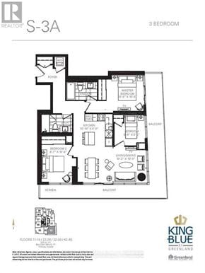 Toronto (Waterfront Communities) condo for rent - A black and white image of a floor plan for a 3 bedroom apartment.