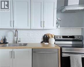 Toronto condo for rent - A modern kitchen with white cabinets and a stainless steel oven.
