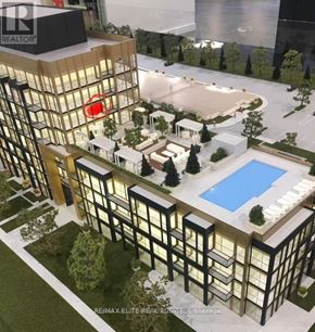Oakville (Wm Westmount) condo for rent - A modern building with a pool in the middle of the courtyard.