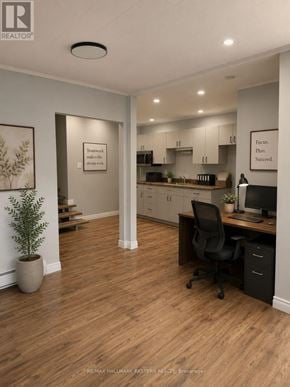 Kawartha Lakes (Bobcaygeon) multi-family for rent - A well-lit office space with a desk, chair, and a potted plant.