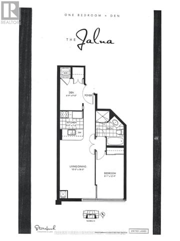 Mississauga (Clarkson) condo for rent - A black and white floor plan for a one bedroom den named "The Jaluna".