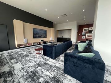 Surrey apartment for rent - A living room with a black and white carpet and a blue couch.