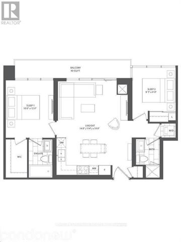Toronto (Flemingdon Park) condo for rent - A black and white floor plan of a two bedroom apartment.
