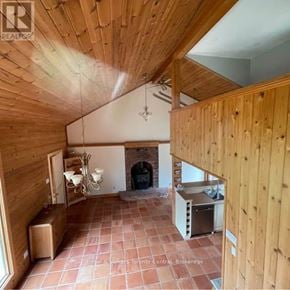 Blue Mountains apartment for rent - A wooden room with a fireplace and a chandelier.