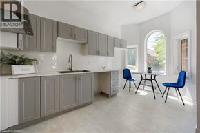 Brantford apartment for rent - A kitchen with grey cabinets and a white countertop.