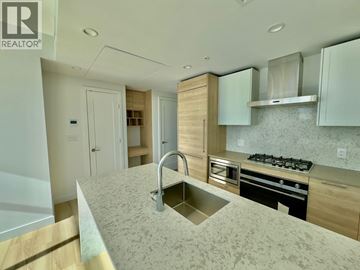 Burnaby apartment for rent - A modern kitchen with a sink, stove, and cabinets.
