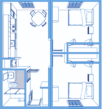 Amherst apartment for rent - A blueprint of a kitchen with a refrigerator, sink, stove, and cabinets.