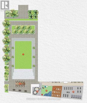 Toronto (Bayview Village) condo for rent - A drawing of a house with a garden and a section of a street with buildings.