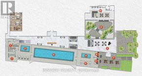 Toronto (Bayview Village) condo for rent - A floor plan of a house with a pool and a garden.