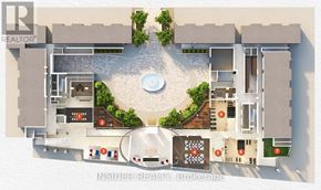 Toronto (Bayview Village) condo for rent - A top-down view of a house layout with a central courtyard and various rooms and appliances.