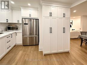 Niagara Falls (Dorchester) apartment for rent - A kitchen with white cabinets and a stainless steel refrigerator.