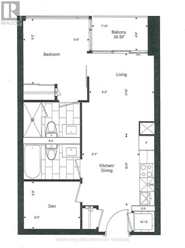 Toronto (Waterfront Communities) condo for rent - A black and white image of a floor plan for a home with a balcony, bedroom, living room, kitchen/dining area, and den.