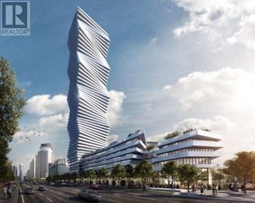 Mississauga (City Centre) condo for rent - A modern building with a curved facade is the focal point of the image.