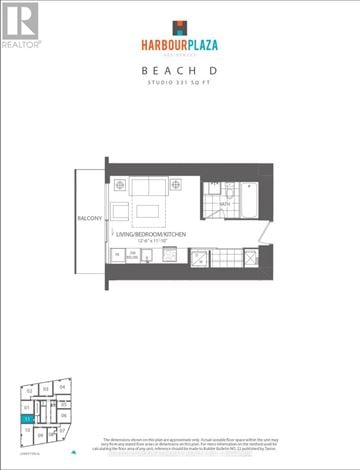 Toronto (Waterfront Communities) condo for rent - A floor plan for a Harbour Plaza Beach studio apartment.