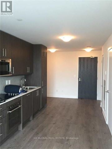 Toronto (Kensington-Chinatown) condo for rent - A kitchen with dark wood cabinets and a black door.