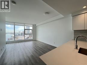 New Westminster apartment for rent - A modern kitchen with a large window overlooking the city.