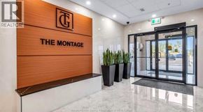Windsor condo for rent - The Montage sign is on a wooden panel above a black planter.