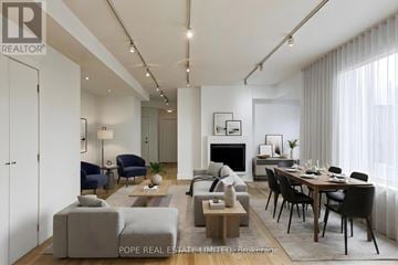 Toronto (Palmerston-Little Italy) multi-family for rent - A modern living room with a fireplace and a dining table set up.