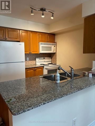 Toronto (Bendale) condo for rent - A kitchen with granite countertops and wooden cabinets.