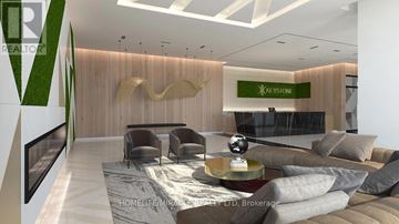 Mississauga (Mississauga Valleys) condo for rent - A modern living room with a sofa set, a coffee table, and a TV on the left side.