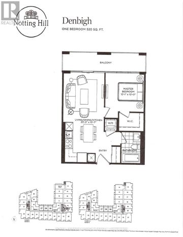 Toronto (Humber Heights) condo for rent - A black and white image of a floor plan for a one bedroom apartment at Denbigh.