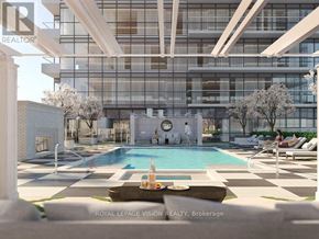 Toronto (Humber Heights) condo for rent - A pool area with a table and chairs and a building in the background.