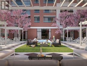 Toronto (Humber Heights) condo for rent - A man and woman are sitting on a couch in a courtyard with a pool and trees.