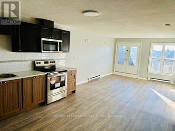 New Tecumseth (Alliston) multi-family for rent - A kitchen with black cabinets and a stainless steel refrigerator.