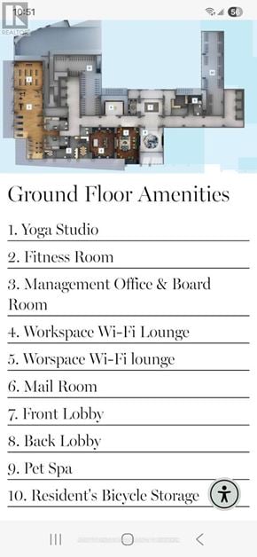 Toronto (Humber Heights) condo for rent - A floor plan of a building with a yoga studio and fitness room listed among other amenities.