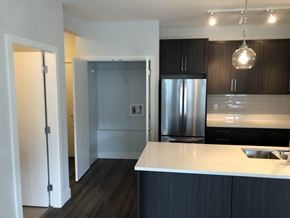 Surrey apartment for rent - A kitchen with a refrigerator, sink, and cabinets.