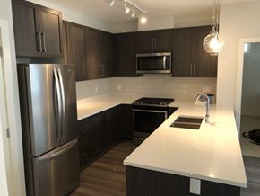Surrey apartment for rent - A kitchen with a refrigerator, oven, and microwave.