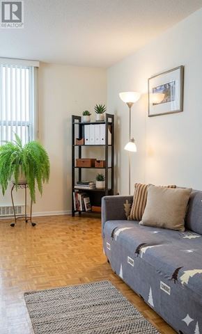 Toronto (L'amoreaux) condo for rent - A living room with a grey couch and a green plant.